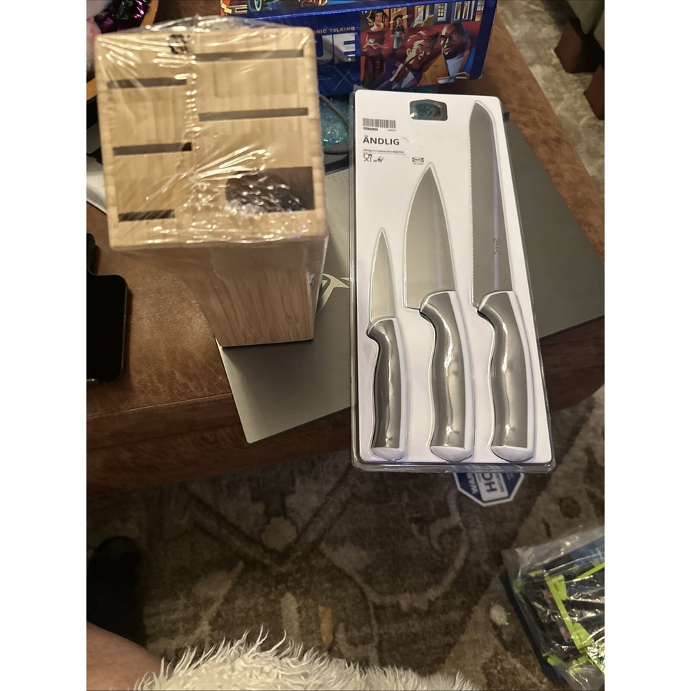 IKEA Hyvla Bamboo Knife Block 6 Slots & Andlig 3 Pc Knife Set New